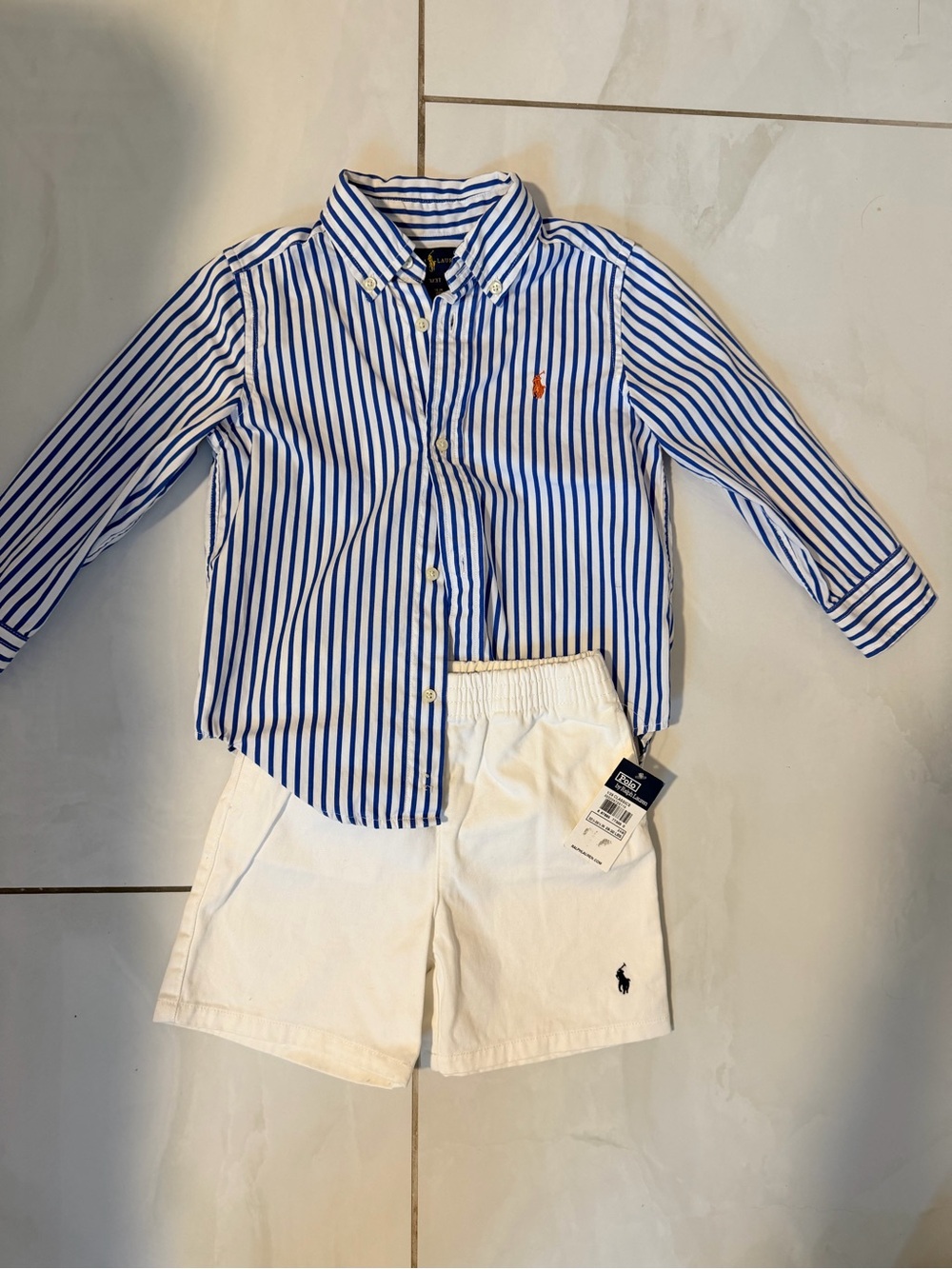 Ralph Lauren Blue & White Stripe Button-Down Shirt with White Shorts